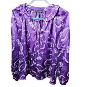 INC International Concepts Womens Purple Floral Print Ruffle Neck Blouse Long Sl